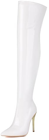 Lizoleor Tacco a Spillo Side con Cerniera Appuntito Donna Stivali Sopra Il Ginocchio Shiny Vernice Sposa Solid Color Long Stivali da Vestito Bianco Numero 39 EU/40Cn