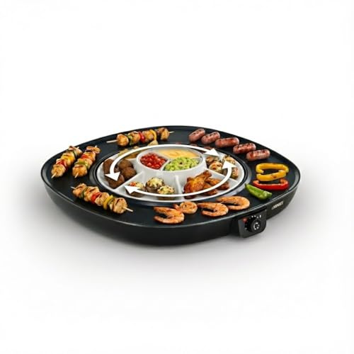 Chef Pirouette Plancha Eléctrica con Bandeja Giratoria – Superficie 45 x 45 cm – Termostato hasta 220 °C – Recubrimiento Antiadherente – Fácil de Limpiar – 6 Espátulas – Cable Desmontable –