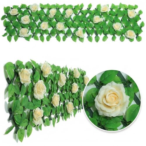 Expanding Garden Trellis Panels Expandable Garden Fence Screening with Flower | Expandable Fence Privacy Screen | Faux Ivy Privacy Screen | Garden Greenery | Balcony - 200x30cm (Champagne)