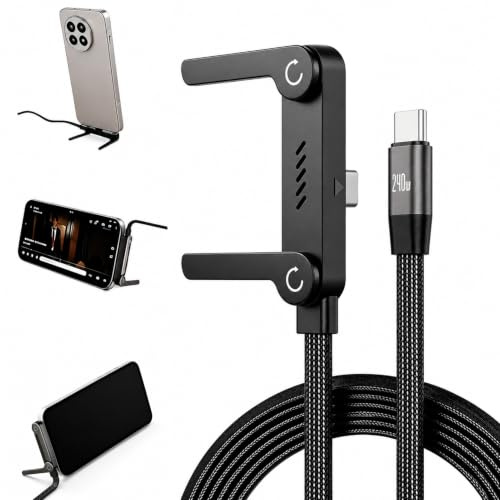 USB C Charger Cable with Stand 240w 2-in-1 Invisible Holder Fast Charging | Type C Sideways Charger Cable Flat Data Cord with Bendphone Accessories for iPhone 17 16 15 Pro Max, Samsung S25 S24 Ultra