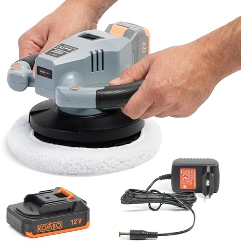 KOMBO SMART - Lucidatrice a Batteria 12V 2.0Ah – Senza Fili, 4 Velocità, Orbita 6mm, Platorello EVA 24cm, Display LCD, con Batteria, Caricatore e 2 Cuffie Incluse