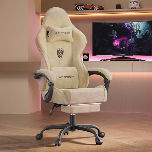 Verdego Gaming Stuhl Ergonomisch, Gaming Chair mit Massagefunktion, Fußstütze, Gamingstuhl Samt, Höhenverstellbar, Gamer Stuhl Verstellbare Rückenlehne 90-125°, Linkage Armlehnen (Cremefarben)