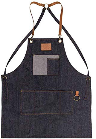Termix Barber professionelle Friseurschürze. Sehr widerstandsfähiges Material aus dunklem Denim, mit braunen Lederarmlöchern. Selbstjustierend.
