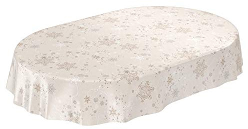 ANRO Wachstuchtischdecke Wachstuch Wachstischdecke Tischdecke Weihnachten Schneeflocken Beige 220 x 140 cm (Oval) Schnittkante