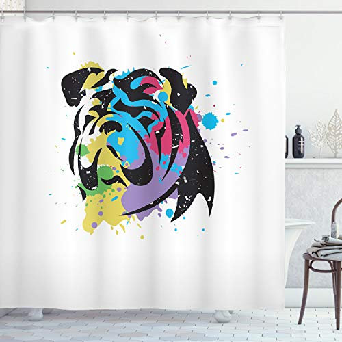 ABAKUHAUS Englische Bulldogge Duschvorhang, Hundeportrait, Stoffliches Gewebe Badezimmerdekorationsset mit Haken, 175 x 200 cm, Weiss Mehrfarbig