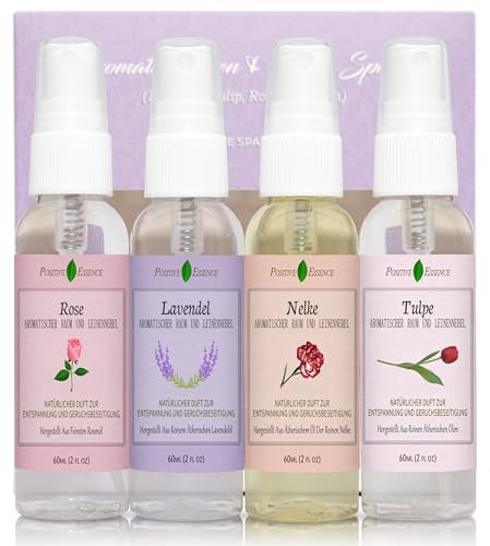 Raumspray und Kissenspray Geschenk Duft Set, 4 Stück 60ml (Lavendel, Nelke, Rose & Tulpe), Natürliche Kissensprays, reine ätherische Öle ohne unnötige Inhaltsstoffe, perfektes Badezimmerspray