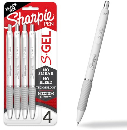Sharpie S-Gel Pens, Medium Point (0.7mm), Pearl White Body, Black Ink, 4 Count - Ideal for Writing, Journaling, Drawing, Coloring, Note-Taking, College Supplies