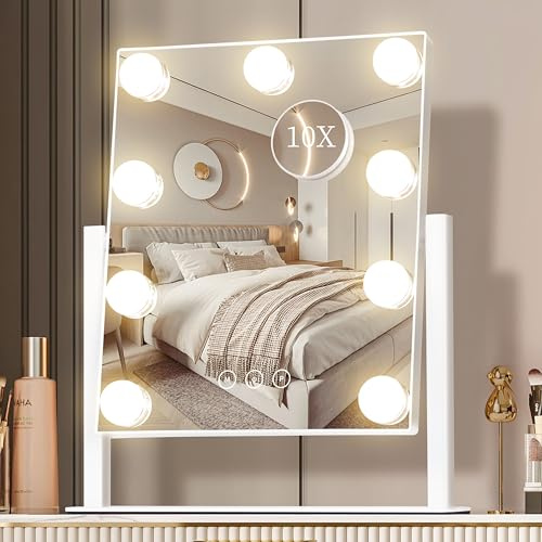 NUSVAN Vanity Mirror with Lights, Makeup Mirror with Lights,3 Color Lighting Modes Detachable 10X Magnification Mirror Touch Control,360°Rotation, White.