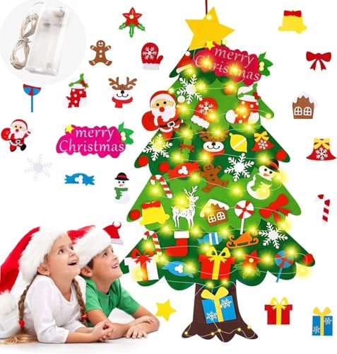 35pcs Fieltro Árbol de Navidad, DIY Christmas Hanging Tree con Ornamentos Desmontables El árbol de Navidad de 50 Luces LED,para Regalos navideños, Decoración de Navidad para Paredes y Puertas del