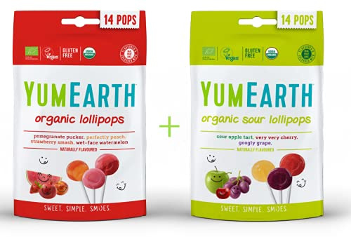 Yumearth - piruletas ecológicas sabor a frutas y ácidas (pack de 2 bolsas combinado)