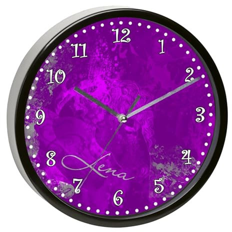 CreaDesign, Wanduhr Kinder personalisiert mit Name, Motiv Traum lila, Rahmen Wanduhr schwarz, Ø 19,5 cm