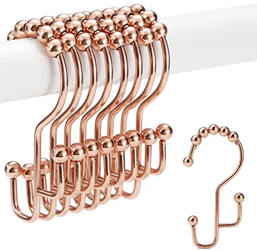 Duschvorhangringe, SUTINE Duschvorhanghaken, rostbeständige Edelstahl-Duschvorhangringe, frei verschiebbare Doppel-Duschvorhanghaken für Duschvorhänge und Liner, 12 Stück - Roségold