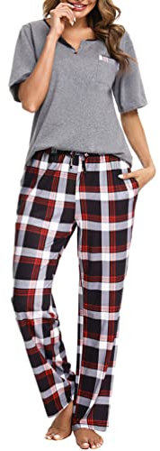 Bresdk Ensemble de Pyjama Femme Coton Vêtements de Nuit Haut à Manches Courtes de Couleur Unie + Bas de Pyjama à Carreaux 2 Pièces pour Femme, Gris+ Rouge Noir, S