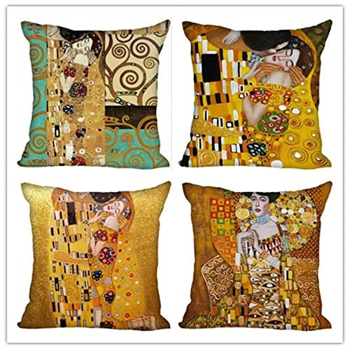 Yoonqun 4er Set Samt Soft Kissenbezug 45x45cm Outdoor Kissenhülle kopfkissenbezug Dekorative Quadrat Wurf Kissenbezug mit Verstecktem Reißverschluss Sofa Schlafzimmer Kissenbezug Vintager Klimt-Kuss