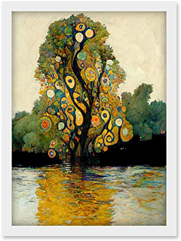 Doppelganger33 LTD Klimt Style Tree River Bank Scene Artwork Framed Wall Art Print A4