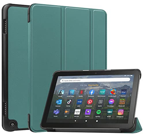 SATURCASE Funda para Amazon Fire HD 8 2022 / HD 8 Plus 2022 (12ª generación), piel sintética con tapa y soporte plegable, delgada, luz automática, función de encendido y apagado (verde)