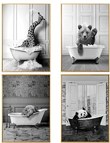 WADBTP Badezimmer Bilder,Schwarz Weiß Bilde,Lustige Tier in der Badewanne Leinwand Bilder für Wohnzimmer Badezimmer Schlafzimmer Dekor-Rahmenlos (4pcs-DW1,4pcs-20x30cm)