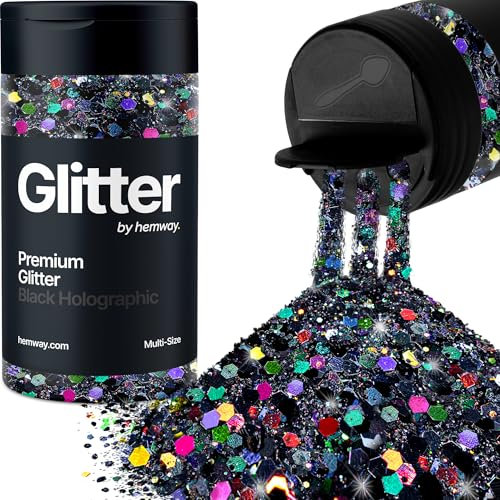 Hemway Premium Glitter Shaker - Black Holographic | 120g Multi Size Halloween Metallic Flake Sequins for Resin & Epoxy Crafts | Craft Supplies for Decorating Masks, Nail, Face, Bunting, Art