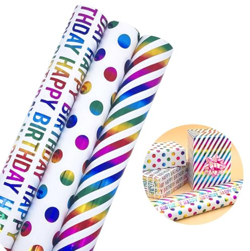 3 Rouleaux Coloré Papier Cadeau 43cm x 3M,Papier D'Emballage Multicolores(Point/Diagonale/Happy Birthday)