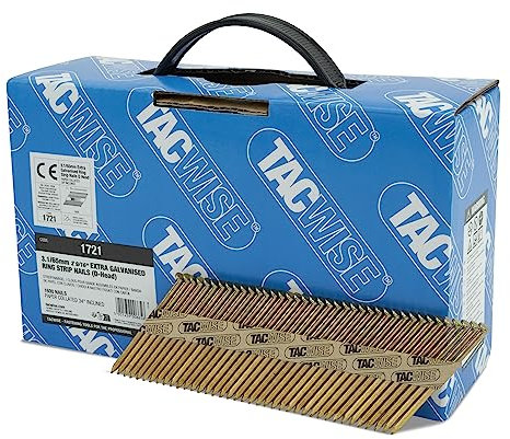 TACWISE 1721 Clous de Charpente Extra Galvanisés 3,1/65 mm, Tête en D, Tige Annulaire, Inclinés à 34°, Reliés en Papier, Lot de 1600, Argent