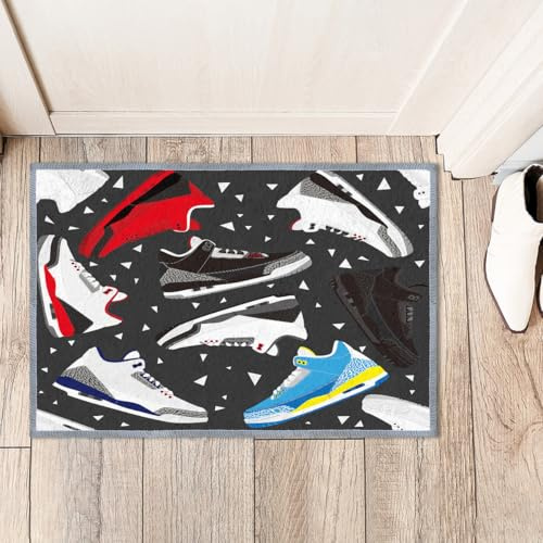 Waschbarer Schwamm-Teppich für Mädchen, Jungen, Schlafzimmer, Wohnzimmer, Basketballschuhe, coole Teenager, Sport, Retro-Sneaker, rutschfester Teppich, superweich, extra dick, Badezimmer, Wohnheim,