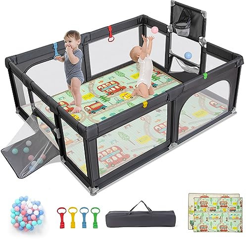 COSTWAY 188 x 157cm Laufstall Baby Faltbar, Laufgitter mit Matratze, Basketballkorb, Fußballnetzen, 50 Spielbällen, Krabbelgitter mit atmungsaktivem Netz, Tragetasche(Klein, Dunkelgrau)