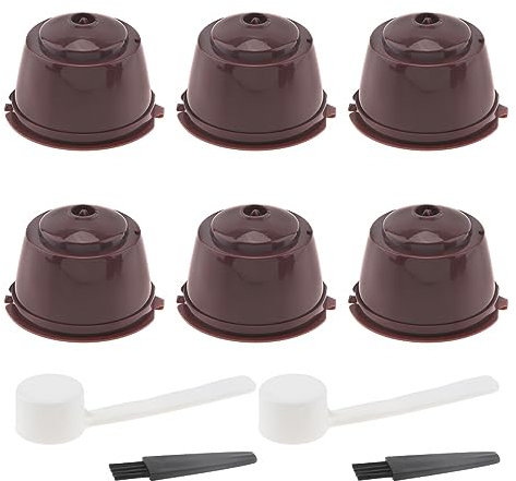 Capsule de Café Réutilisable pour Les Brasseurs Nescafé Dolce Gusto, Lot de 6 Filtres à Capsules de Café Colorés Rechargeables Avec Brosse de Nettoyage et Cuillère à Mesurer, Brun