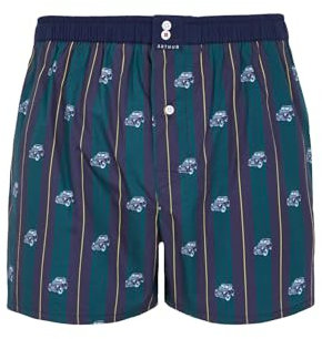 ARTHUR - Caleçon Homme avec Maintien intégré - 100% Coton Bio - Confort et Soutien Optimal - Motif Voiture 2CV Rayures Marine et Vert - Taille M