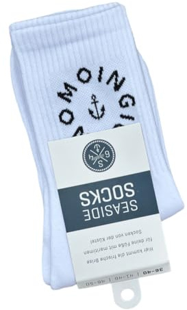 Seaside No.64 Socken mit maritimer Botschaft – verschiedene Ausführungen | Tennissocken im nordischen Stil - farbige Strümpfe mit Schriftzug - Unisex auch für alle Landratten – Seaside No.64