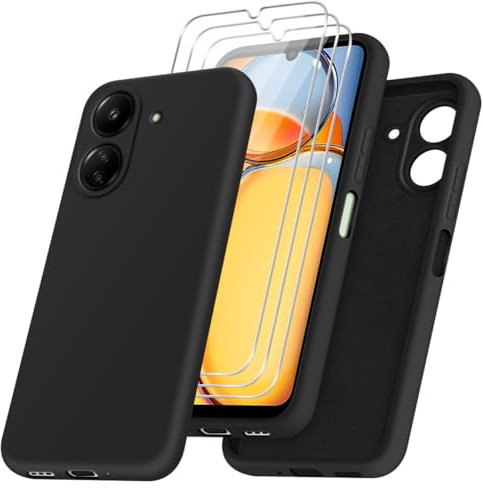 Funda para Xiaomi Redmi 13C / Xiaomi Poco C65 con Tres Cristal Templado Protector de Pantalla, Negro Suave Silicona Protectora Carcasa para Xiaomi Redmi 13C / Xiaomi Poco C65.