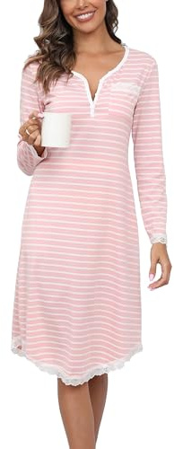 Yukiuiny Chemises de Nuit Femme Coton Dentelle Nuisette Robe de Nuit Courte T Shirt de Nuit Pyjama Casual Col V Sexy Maternité Allaitement Top Confortable
