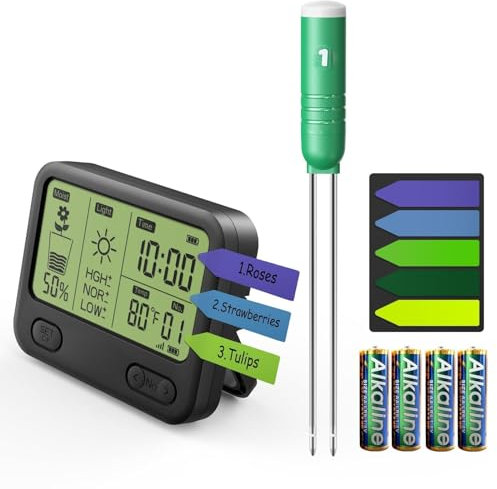 VODESON Pflanzenfeuchtigkeitsmesser mit 200ft RF Wireless Wasserdicht&LCD-Display für Feuchtigkeit,Temperatur,Sonnenlicht Zeit,ideal für Garten,Landwirtschaft,Rasenpflege-Überwachung von Außenpflanzen