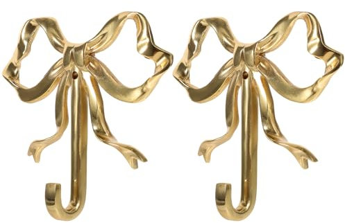 LOGOFUN 2pcs Bow Hook Bowknot Hook Bow Hooks for Wall Bowknot Brass Hook Gold Wall Hook for Hanging Coat Hat Towel - Large (3.62X3.54X0.79in)