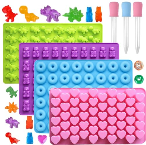 ENBRWAS Gummibärchenform Set, 4 Formen, 201 Mulden | Silikon, 3 Dosierpipetten, Bär-/Dino-/Donut-/Herzformen für Schokolade, Fruchtgummi, Gelee, Eis, Tortendeko