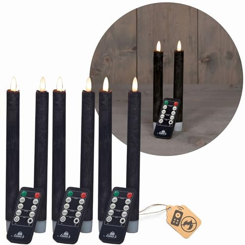 Stabkerzen LED mit Timer SCHWARZ 6 Stück Indoor 6 Stunden ECHTWACHS 18cm Höhe für Kerzen 2,2cm Durchmesser 2 AAA Batterien notwendig LED Stabkerzen 4er Set SCHWARZ (zwei Mal) bewegliche Flamme Licht