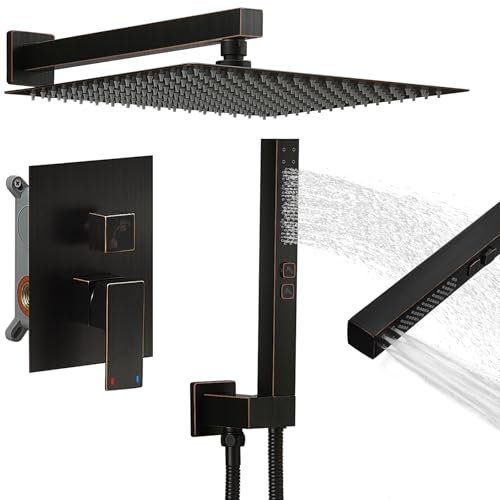 RUMOSE Sistema de ducha de lluvia de bronce aceitado de 12 pulgadas, cabezal de ducha cuadrado de alta presión con rociador de mano 2 en 1, montaje en pared, juego de grifo de ducha de latón con