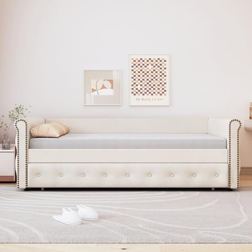 Idemon Polster-Kinderbett 90x200, ausziehbares Schlafsofa, hautfreundliches Samt-Jugendbett, Kinderbett-Gästebett (Beige)