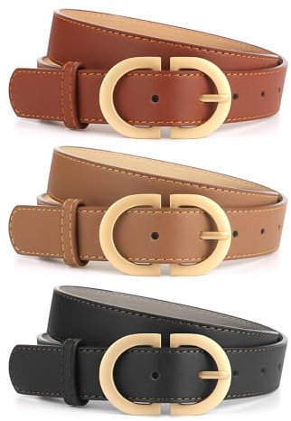 YiliYa Lot de 3 Ceinture Femme Classique Ceinture en Cuir,Ceintures en Cuir Tendance pour Femme avec Boucle Dorée Réglable Elégantes Belt pour Pantalons Jeans Noir/Marron/Beige