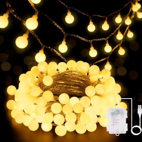 Pipiruew Fairy Lights, 100 LED 10M/33FT Bulb String Lights Battery & USB Plug in, 8 Modes Christmas Lights Outdoor Indoor Globe String Light for Bedroom, Balcony, Gazebo, Garden, Camping