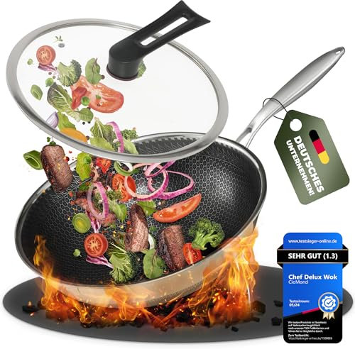 CioMond Wok wok avec couvercle, 28 cm, en acier inoxydable, avec structure en nid d'abeille, anti-adhésive, convient pour plaques à induction, électrique, gaz, passe au lave-vaisselle, répartition