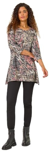Roman Originals Hanky Hem Tunic Top for Women UK - Ladies Longline Blouse Asymmetric Hemline Casual Slouch Loose 3/4 Sleeves Round Neck Relaxed Comfortable Holiday - Khaki - Size 14