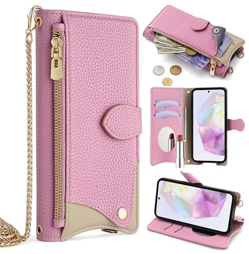 Wuhaizher for iPhone XR Case Zipper Purse Shockproof Leather Flip Folio Wallet Phone Case for Girls with Mirror Stand Card Holder Slots Silicone Zip Cover for iPhone XR, Pink