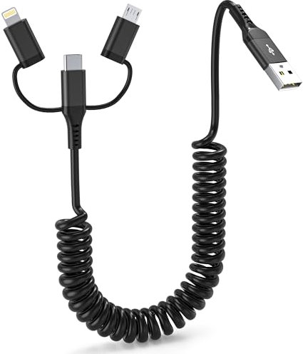 USB auf USB C Lightning und Micro USB Spiralkabel, 3 in 1 Android Auto & Apple Carplay Multi USB Kabel, Universal Spiralkabel kurz mit Schnellladen & Datenübertragung für iPhone 16/15/14/Galaxy/Huawei