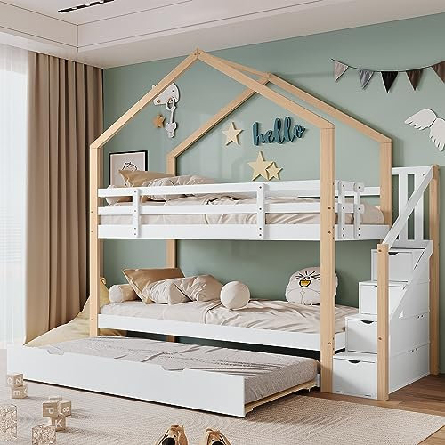 Gegtuon Kinderbett 90x200, Etagenbett 2 Kinder mit Ausziehbares Bett, Hochbett Holzbett mit Stauraum Regal und Treppe, Hausbett Bettgestell mit Lattenrost & Rausfallschutz, ohne Matratze, Natur & Weiß