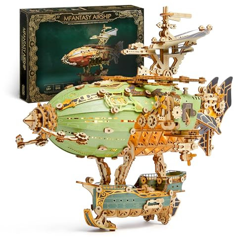 FUNPOLA LED 3D Holzpuzzle fur Erwachsene Luftschiffmodell - Steampunk DIY Bastelset mit LED-Leuchten - Holz Luftschiffmodell-Bausatz für und Erwachsene (Grün)