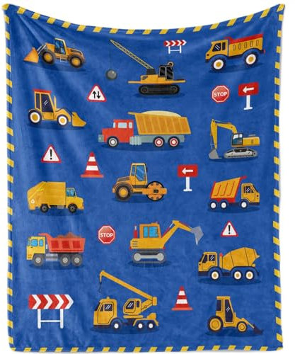 HYEPNED Coperta da costruzione per ragazzi, morbida e accogliente coperta in flanella con auto dei cartoni animati, regalo per bambini, 100 x 130 cm, calda, in pile con camion dei pompieri (50 x 40