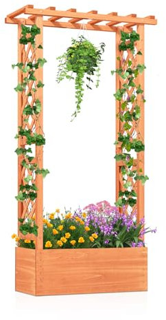 COSTWAY Letto da Giardino Sollevato con Traliccio, Fioriera in Legno con Tetto Pendente, Fori di Drenaggio per Piante Rampicanti, Fiori e Verdure, Letto da Piantagione per Interni ed Esterni