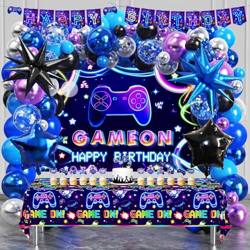 Cleboen Videospiel Geburtstagsdeko Jungen Gaming Party Deko Geburtstag mit Luftballons Folienballon Foto Hintergrund Tischdecke Cake Topper Happy Birthday Girlande Gamer Gaming Party Dekoration