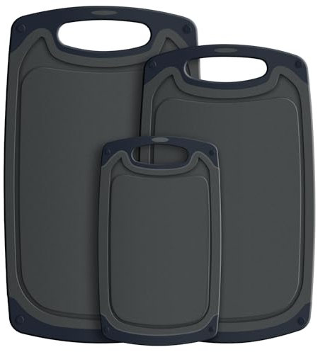 Schneidebrett Set 3 Stück BPA-frei und Spülmaschinenfest Schneidebretter mit Saftschlitz rutschfestes Küchenbrett Weizenstroh Frühstücksbrettchen im Set Grau