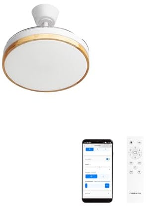 CREATE WIND CLEAR S/Ventilateur de plafond avec lumière bois clair avec télécommande et Wifi/40 W, Ø91 cm, minuteur, 6 vitesses, pales rétractables, 3 températures de lumière, fonction été/hiver